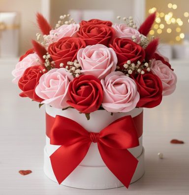 Coffret Amour Bouquet de roses rouges et roses dans une boîte blanche avec un ruban rouge.